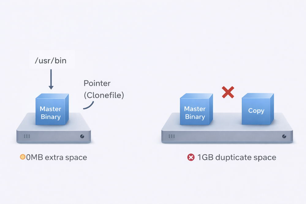 Visual explanation of APFS Clonefiles showing Copy-on-Write (CoW) technology vs traditional physical file duplication on macOS.