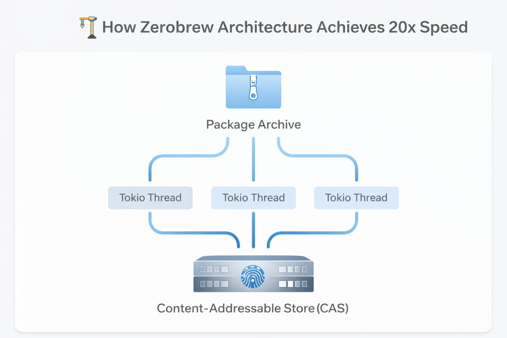 Architecture diagram of Zerobrew showing parallel streaming via Tokio and Content-Addressable Storage (CAS) for O(1) lookups.
